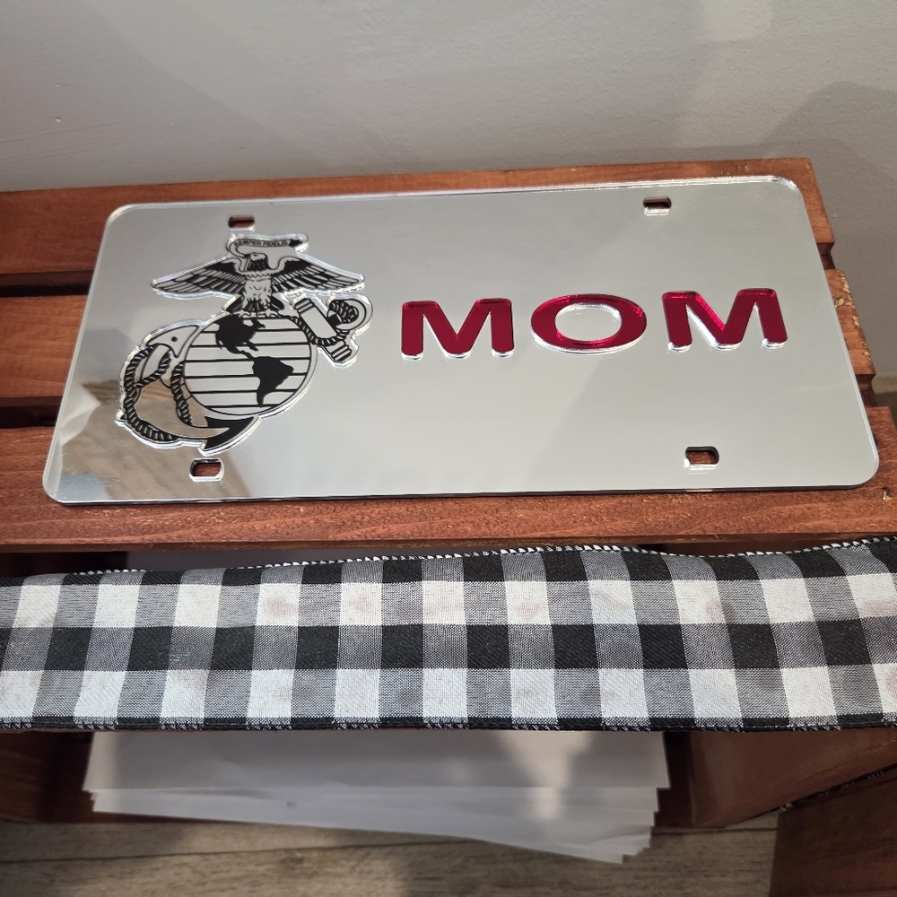 Silver and Red 'MOM' License Plate